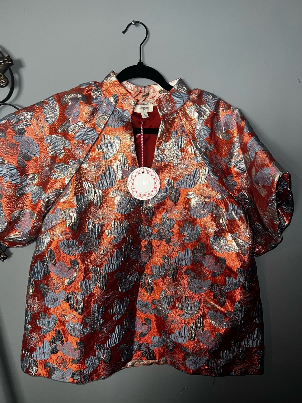 Umgee Orange and Silver Metallic Floral Top